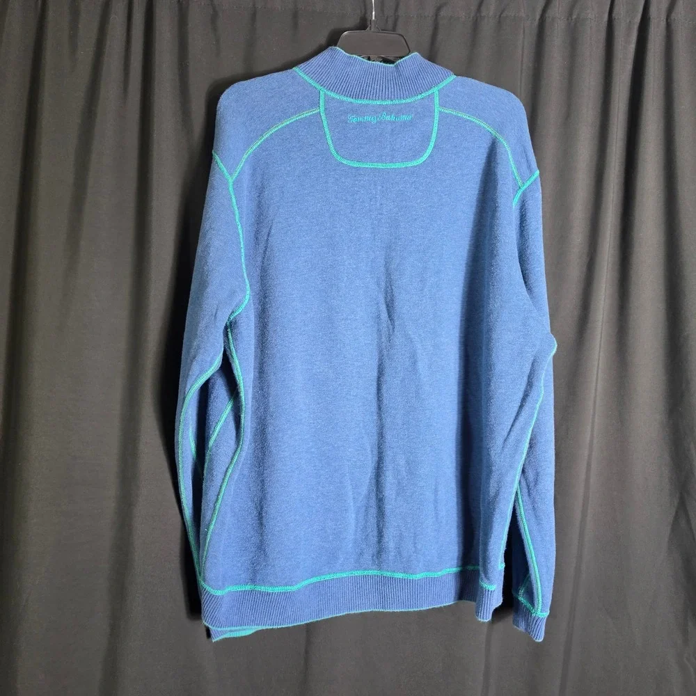Tommy Bahama Men Quarter Zip Pullover Sweater Teal Contrast Stitch XL Reversible
